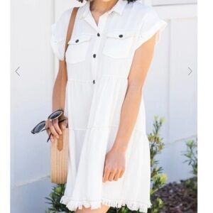 UMGEE FRAYED WHITE BUTTON DOWN MINI DRESS LARGE FLOWY